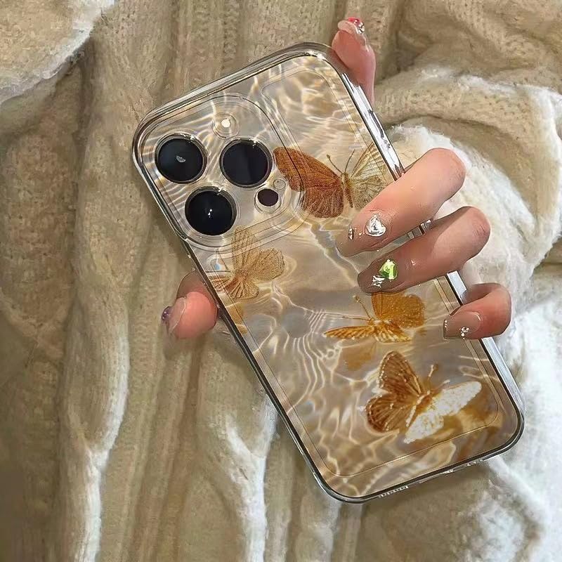 高級感あふれる蝶デザインスマホケース – ゴールドの輝きと水面エフェクト 高級感あふれる蝶デザインスマホケース – ゴールドの輝きと水面